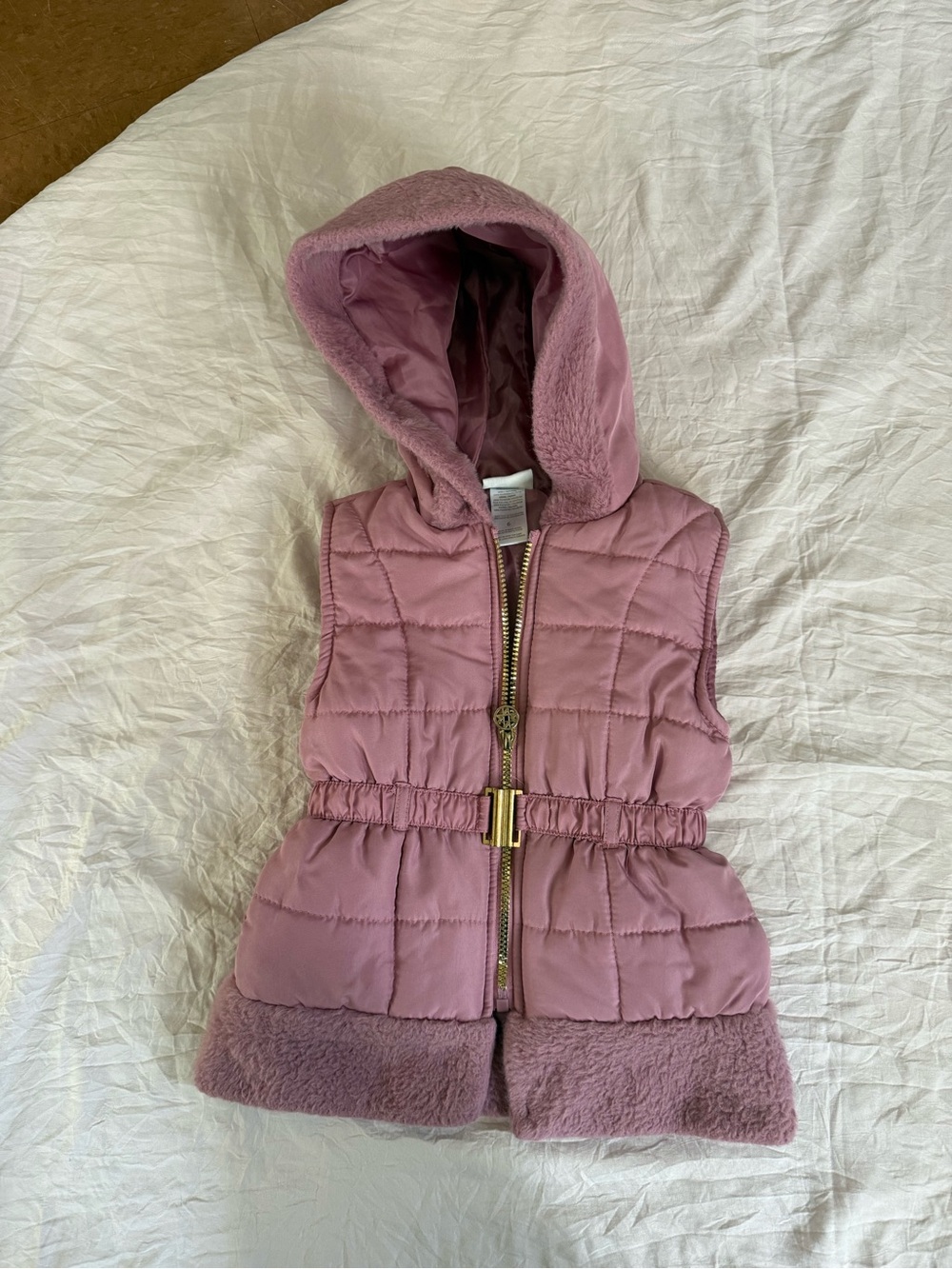 Nicole Miller Mauve Pink Quilted Hooded Puffer Vest with Faux Fur Trim